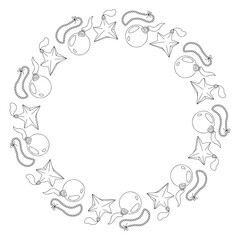 Doodle Christmas frame with baubles, garland, star. Vector hand drawn illustration for holiday packaging, festive labels, winter decor and seasonal design isolated on white with copy space