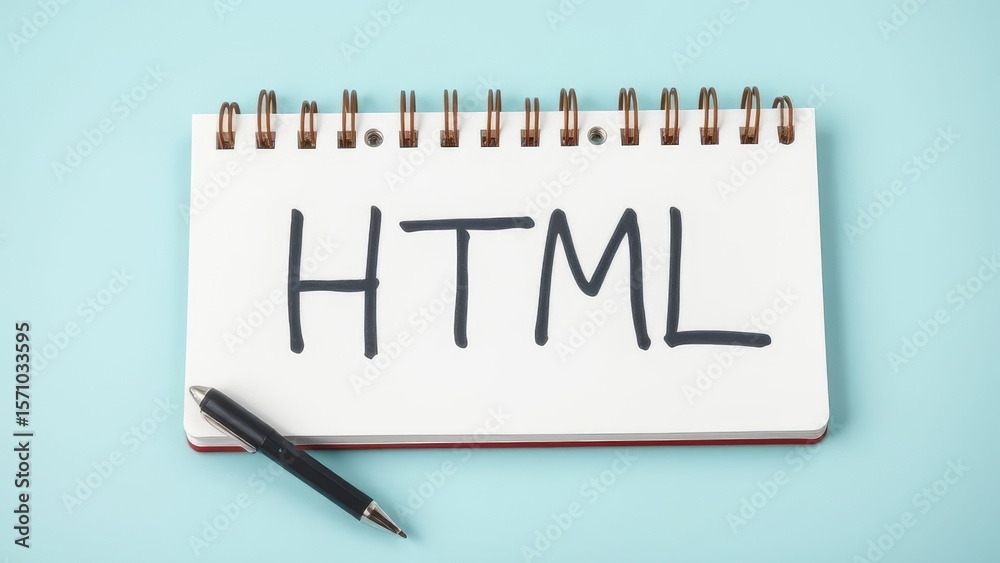 Wall mural notepad with html acronym handwritten and pen resting on a light blue surface, representing web deve