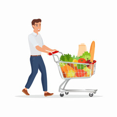 A cheerful man pushing a shopping cart full of fresh produce, perfect for grocery stores, health campaigns, or food product branding.