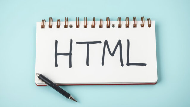 Notepad with HTML acronym handwritten and pen resting on a light blue surface, representing web development and coding