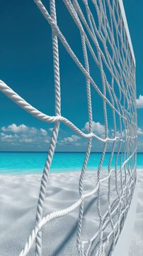 Volleyball net white sandy beach with turquoise ocean and blue sky creating peaceful relaxing summer atmosphere sand ocean sky