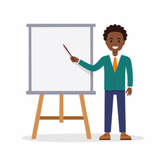 Smiling man presenting data using a whiteboard display, perfect for presentations, coaching and training concepts.