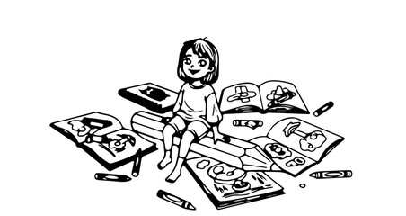 Illustration of girl drawing coloring books with crayons art therapy creative activity black and white line art