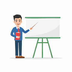 Presentation character with pointer standing near a whiteboard, a versatile design element for business graphics and educational materials.