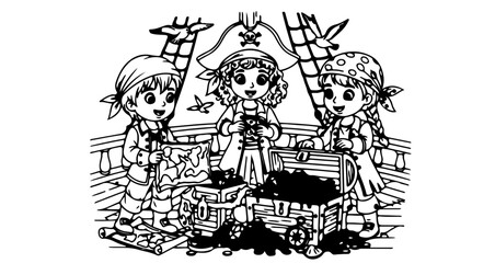 Cute pirate kids treasure map and chest on ship deck vector illustration for coloring page activity book