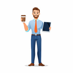 Cheerful businessman cartoon character holding coffee and tablet device, suitable for website, social media posts, and marketing.