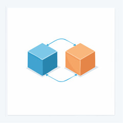 Conceptual graphic featuring two colored isometric cubes linked by arrows, symbolizing communication, data transfer, or interconnectedness.