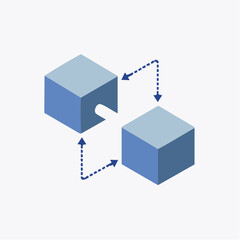 Two geometric cubes show connection with dotted arrows in blue and gray shades for use in process or flow design.