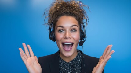 Excited customer service rep with headset and curly hair against blue background