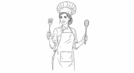 Illustration of a female chef holding a spatula and a spoon wearing an apron and a chef's hat outline