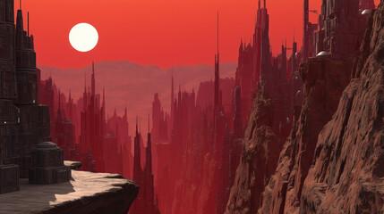 Futuristic cityscape with towering structures and rocky cliffs under a vivid red sky and setting sun on an alien world.