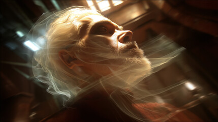 Surreal portrait of an elderly man with white hair in dramatic light, ethereal smoke swirling, deep thoughtful expression.