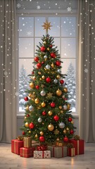 Festive christmas tree decorated with red gold and silver ornaments by a snowy window