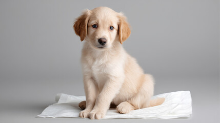 Golden retriever puppy resting on clean diaper, gray background highlighting pet training preparation and cute canine development