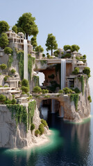 Futuristic cliffside city with cascading waterfalls, lush greenery, modern architecture, and turquoise coastal waters.