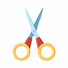 Cartoon scissors with red handles, golden rings, and shiny blades, a simple design for crafting, sewing, or any cutting project.