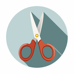 Open red scissors cutting instrument with long shadows presented on a round background, perfect for creative designs.