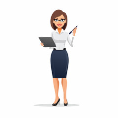 Professional business woman character holding a tablet and pen, ideal for corporate branding and marketing materials showcasing modern business.