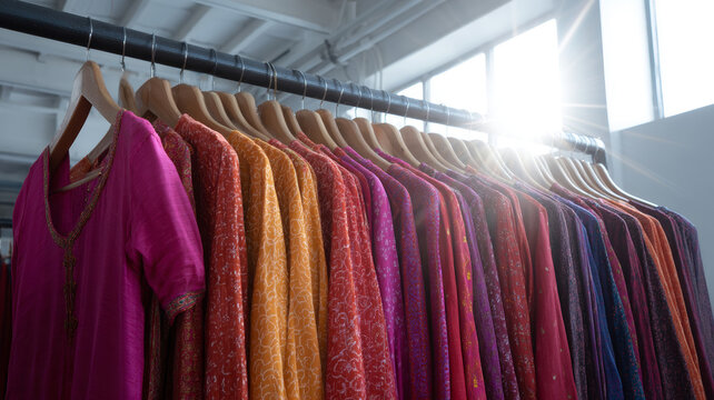 Vibrant sari garments hanging on display, sunlight highlighting traditional Indian textile colors and patterns