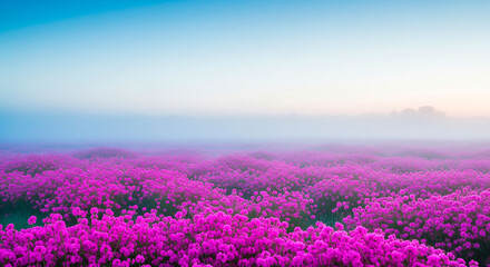 Fototapeta premium Magical Pink Flower Field at Dawn with Misty Horizon for Nature Art and Spring Decor