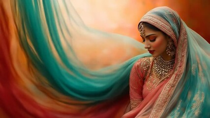 Elegant Woman with Flowing Teal Veil - Powered by Adobe