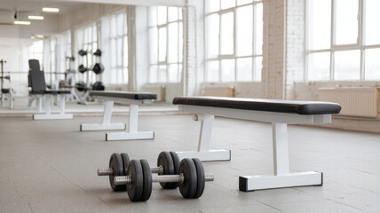 Adjustable benches and dumbbells lying on the floor in a deserted gym illuminated by natural daylight passing through large windows