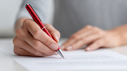 Close up of female hands reviewing and correcting a contract with red pen, business and legal concept