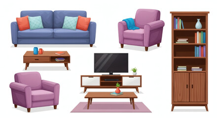 Fototapeta premium Modern Living Room Furniture Set with Sofa, Armchair, Coffee Table, TV Stand and Bookshelf Isolated on White Stock Photo