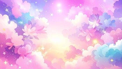 太陽の光が差し込む、花と雲と輝く星の柔らかい抽象的な背景　生成AI