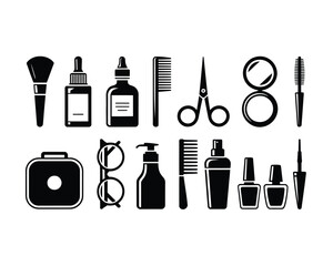 Minimalist Beauty and Grooming Icon Set, Black Silhouettes on White Background
