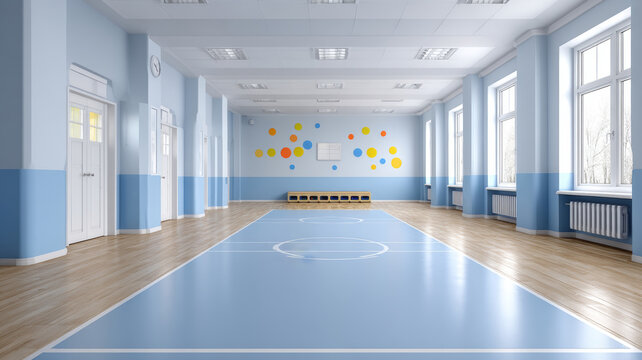 Large, bright, and empty preschool gym with colorful dots on the wall and a light blue floor, ready for children's activities - Powered by Adobe