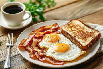 Homemade American breakfast. Fried eggs with bacon and toast, a cup of coffee and a fork on a wooden table. Healthy breakfast. The concept of healthy eating. Morning sunlight