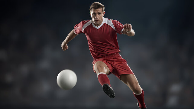 Soccer player in USA kit leaping, striking soccer ball mid flight during dynamic match moment under stadium illumination - Powered by Adobe