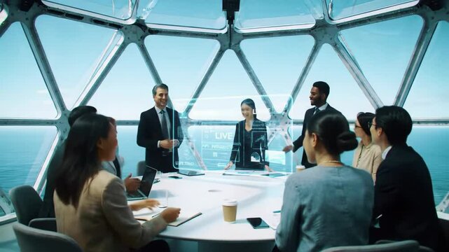 Corporate legal team meeting inside a futuristic floating glass pod, moderated by AI during smart contract negotiations