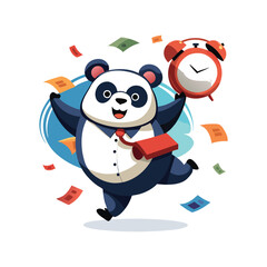 Funny Vector Panda Running Late with Alarm Clock and Flying Papers – Cute Cartoon Illustration for Office, Work, and Time Management Designs