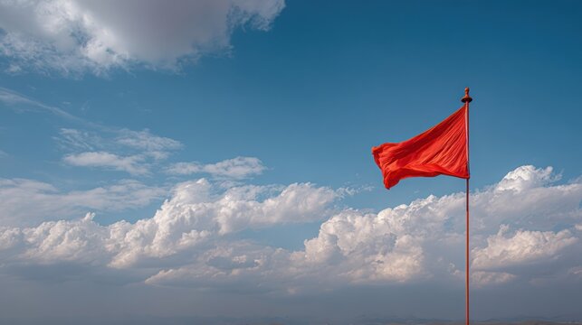 Bright red flag flying atop a tall pole under a blue sky filled with puffy clouds