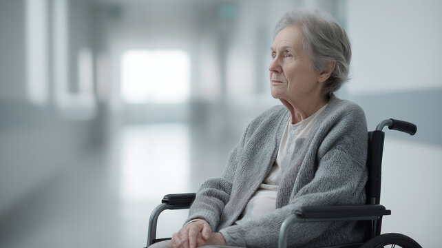 Pensive elderly woman sitting in wheelchair looking away in empty hospital hallway, quiet and sad mood, healthcare and medical concept - Powered by Adobe