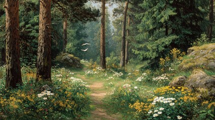 Obraz premium Pine forest in late spring with blooming wildflowers along a mountain path,