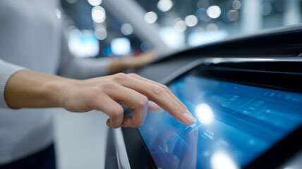 Woman finger touching futuristic blue screen panel of concept vehicle, close up of hand and interface, modern lighting, blurred vehicle