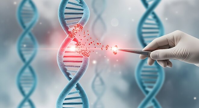 In a futuristic scientific environment, a precision tool interacts with a damaged DNA molecule, representing breakthrough innovations in gene therapy, personalized medicine, and the intricate work of 
