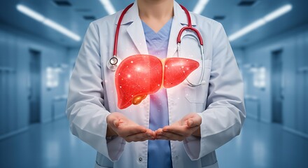 With hands protecting a vibrant, translucent liver hologram in a clinical setting, a doctor represents cutting-edge research in hepatology, the importance of vital organ care, and innovative approache