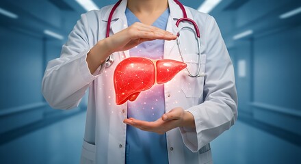 The image of a medical expert presenting a radiant, holographic liver against a blurred hospital background signifies the crucial importance of liver wellness, the development of sustainable healthcar