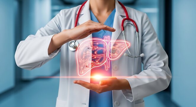 This compelling visual features a healthcare provider safeguarding a luminous, interconnected liver model, underscoring the critical role of technology in medical imaging, the complexities of human an