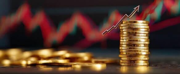 The stack of gold coins symbolizes financial growth and investment success.