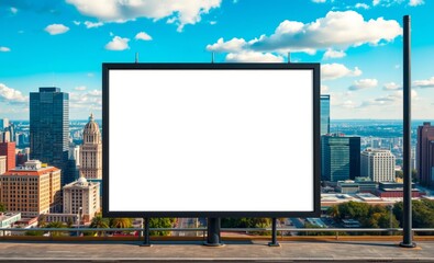 A sharp high-resolution image captures a blank billboard template a vibrant cityscape serving as a backdrop ready to showcase captivating advertisements or impactful messaging  professional presentati