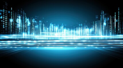 Futuristic Cityscape with Neon Lights and Digital Effects in Blue Tones for Technology and Innovation Themes