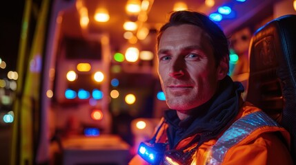Obraz premium Paramedic providing emergency aid in ambulance with flashing lights