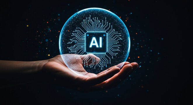 A hand holds a glowing futuristic sphere with a glowing microchip and AI lettering, surrounded by digital circuits on a dark background