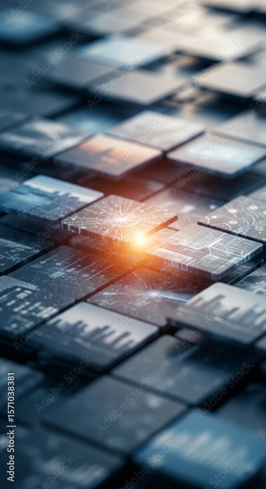 Poster abstract image of dark gray cubes with glowing inner light, showcasing data visualization and interc