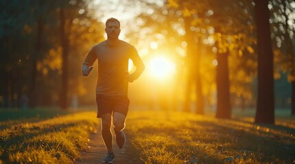 Man jogging in the park at sunrise, golden morning light

